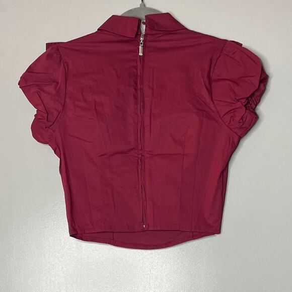 Burgundy Ruffled Neck Shirt With Rhinestones - Picture 4 of 5